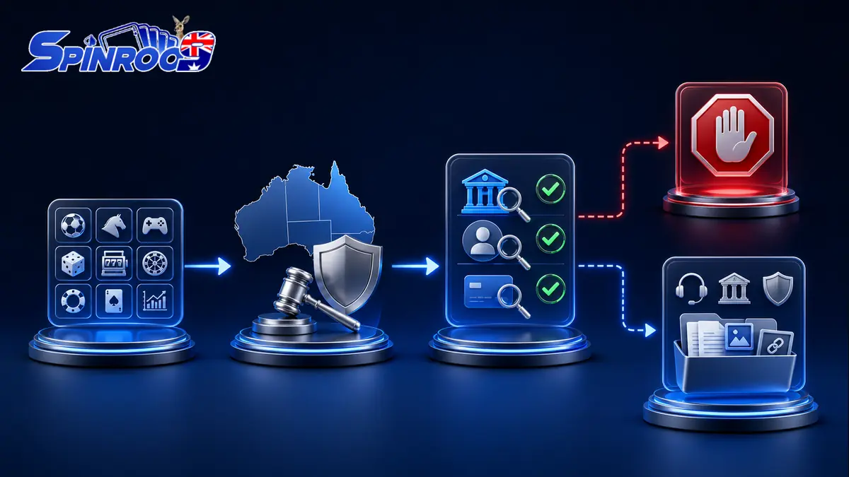 Flowchart for checking service category ACMA register payment recipient privacy and support before using an online gambling website