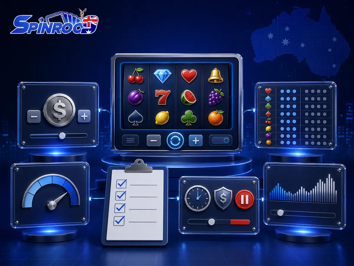Checklist visual for comparing pokies stake controls, paytable, aggregate return, volatility and stopping tools