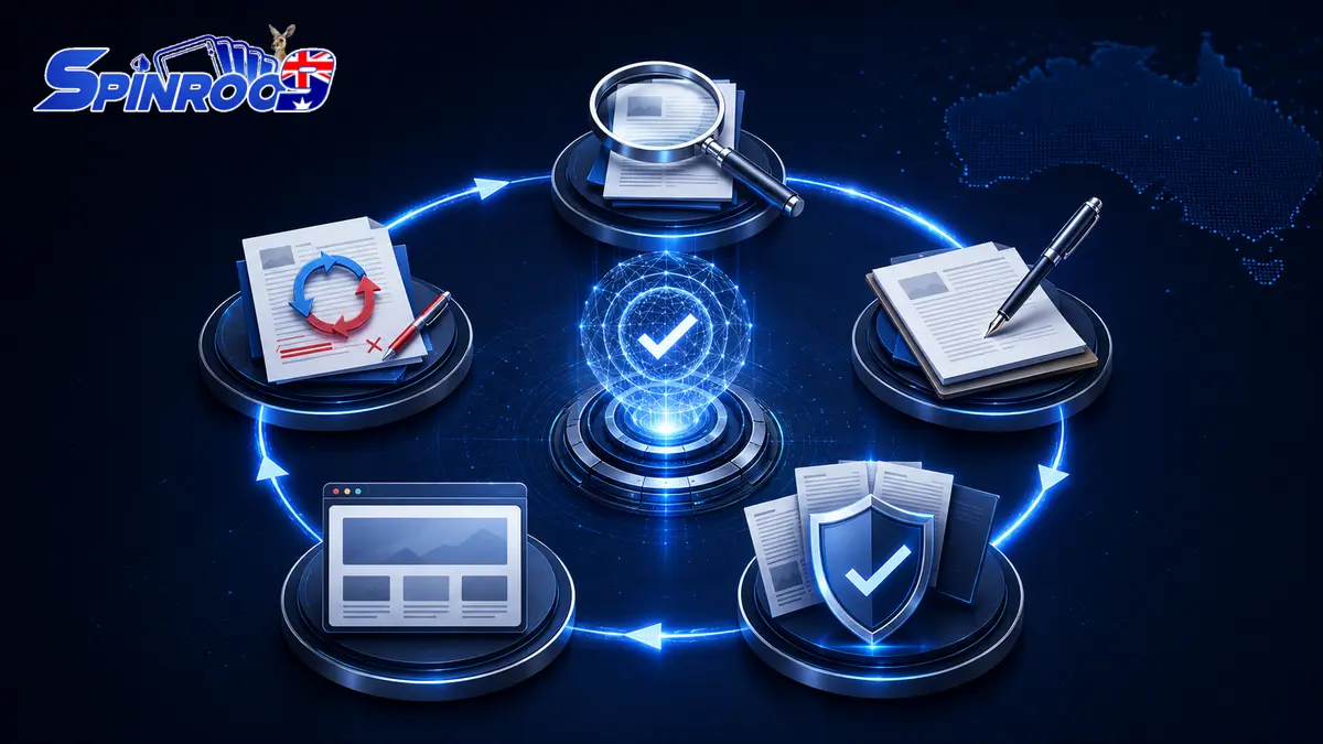 Five-stage Spinroo9 Australia editorial process covering research, drafting, verification, publication and correction