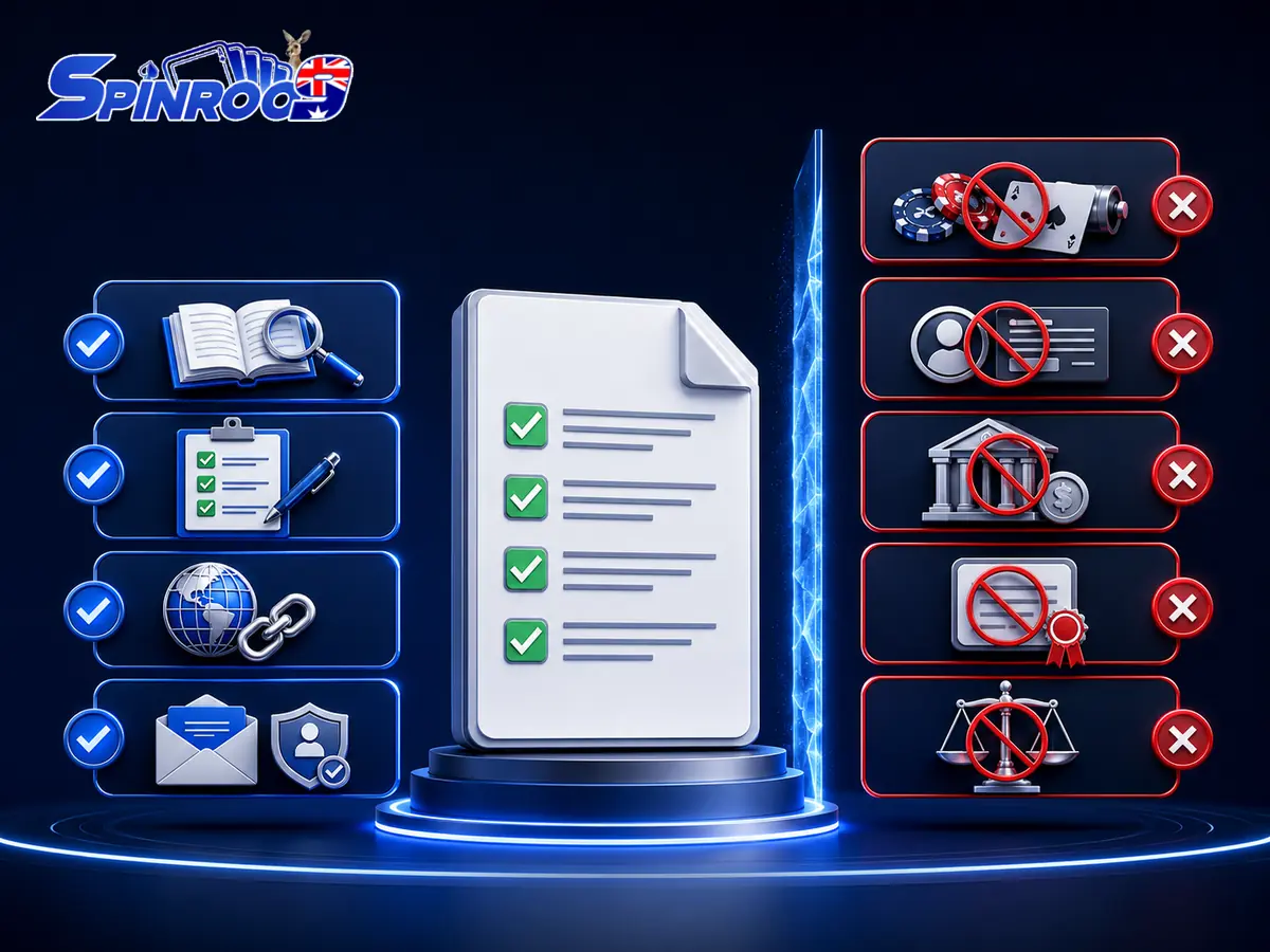 Checklist showing that Spinroo9 Australia does not accept bets deposits KYC documents player accounts or withdrawal requests